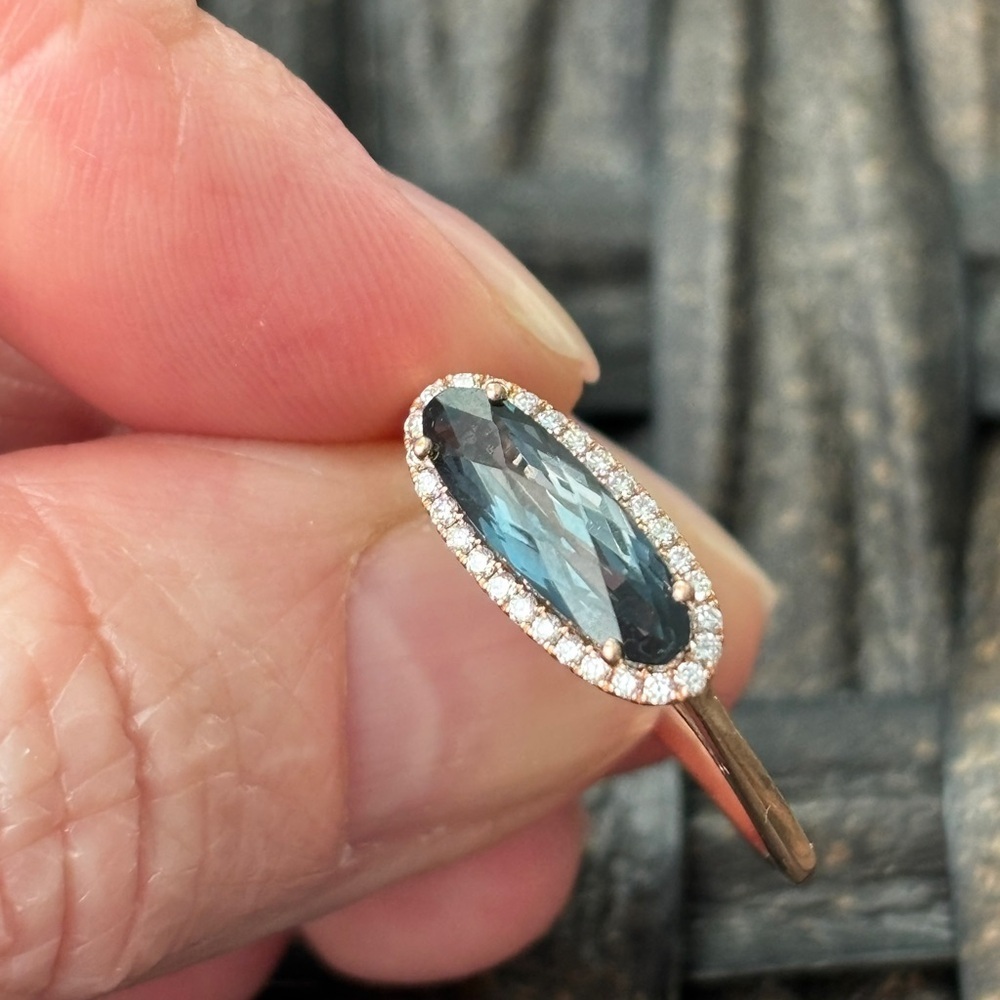 14k rose gold ring with London blue topaz and natural diamond halo. - Picture 5 of 11